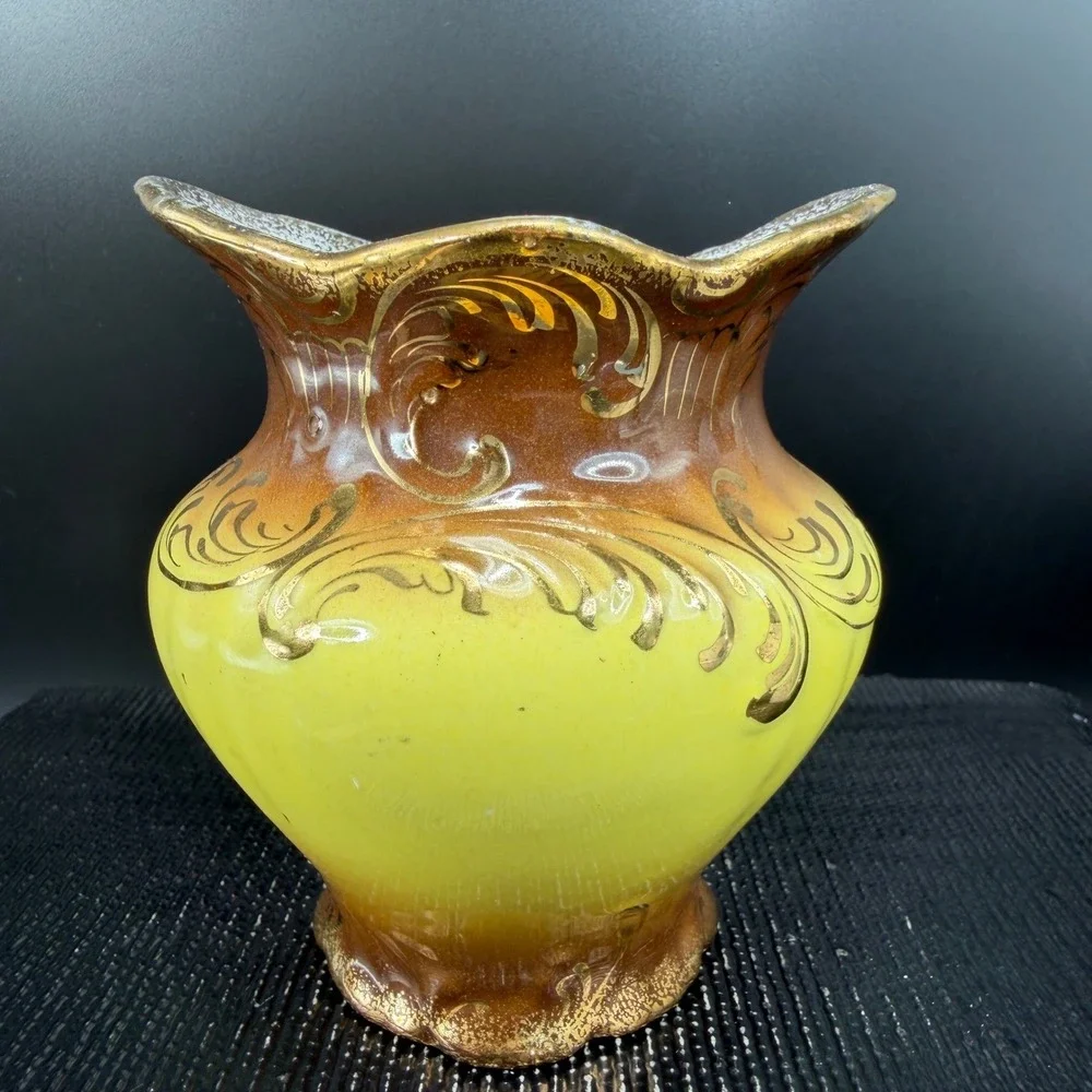 Vintage Verona VPCO Porcelain Vase Yellow Brown‎ Ombre Gold Gilt Filigree Vessel